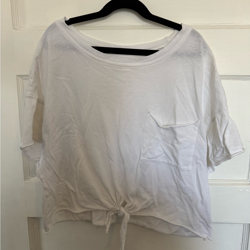 aerie White Short-Sleeve Tie-Front Pocket Tee